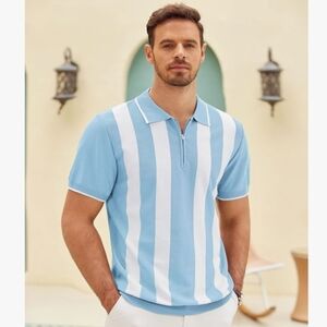 Sky Blue and White Striped Polo Shirt